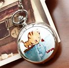 Necklace12 Steampunk Hr Pocket Battery Fish Quartz Watch Kiss Kitty Silver Dial.