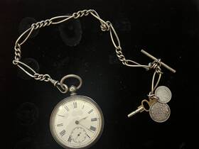 1870-80s Sterling English 18s Silver Pocket Watch With Chain Coins And Key