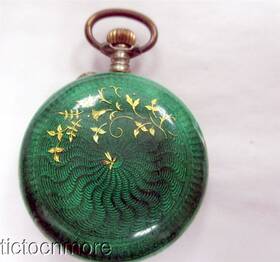 54377 Swiss Antique Guilloche Enamel Floral Demi Hunter Pocket Watch Sterling Green And Gold
