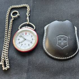 020409965 Swiss Military Army Quartz Red Pocket Watch With Black Leather Case And Chain Not Working
