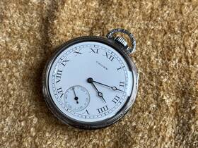 7713 Trade Mark Vintage Crown Stainless Steel Engraved Pocket Watch 15 Jewels Runs Great