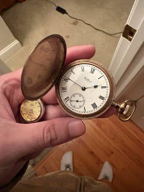 2291062 Waltham Full Hunter Gold Filled Mechanical Pocket Watch Roman Numerals 1900s