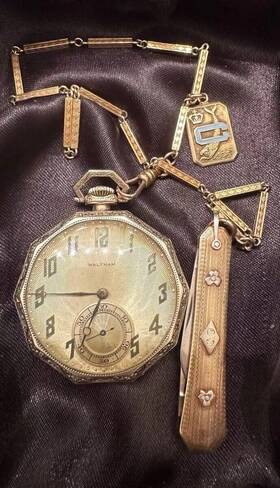 24148328 Waltham 14k Pocket Watch 1920s 17 Jewels Sz 12 With Gold Chain &knife Serviced 85g