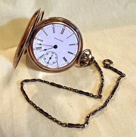 6072481 Waltham Antique Pocket Watch Hunter Gold Filled Etched Case #6072481 Gf Chain