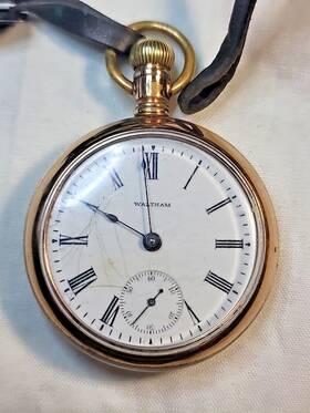 6115715 Waltham Vtg - Inch Tip Out Pocket Watch And Leather Strap/fob Movement Running