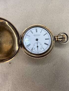6140981 Waltham Antique American Pocket Watch Hunter Case Safety Barrel