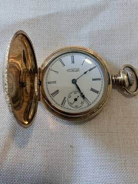 8000467 Waltham Antique 1898 Hunter Case Pocket Watch - Ornate Gold Filled Runs