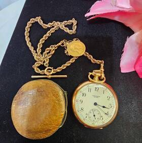 Watch-145.27g Waltham Watch-145 1916 Usa 14k Gold Watch 10k Chain And 22k 1888 Coin Pocket