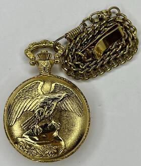 Mln3213 Watch-it Vintage Eagle Pocket Ornate And Chain Gold Tone Quartz New Battery