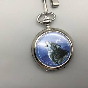 107511 Westminster Pocket Watch Men Silver Tone Wolf Art Al Agnew Chain New Battery