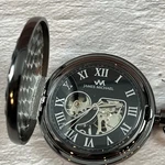 James Michael Mechanical Skeleton Pocket Watch Gun Stock Black Gray W/ Chain. Fixed Price $40.00.