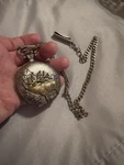 Fada Industries Inc. Hunting Theme Quartz Pocket Watch Silver Gold W/ Chain. Fixed Price $20.00.