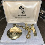 Walt Disney Mickey Mouse Gold Tone 42MM Pulsar Quartz Pocket Watch. Fixed Price $70.00.