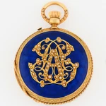 B. Haas Jne Swiss 18K Gold Blue Enamel Demi-hunter Pocket Watch W/diamonds 39MM. Fixed Price $3500.00.