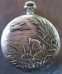Vintage Marcel Pocket Watch 17 Jewel Swiss Shock Resistance Dog Duck Hunter Case. Fixed Price $12.95.