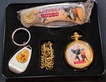 Novelty American Rodeo Pocket Knife Set With Keyring Opener And Watch. Fixed Price $25.95.