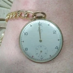 Elgin De Luxe Open Face Pocket Watch Gold Filled White Dial Arabic, Chain. Fixed Price $500.00.