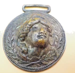 Antique Watch Fob Lady Liberty Head 3-D As Found Patina 1.25" Diameter. Fixed Price $15.00.