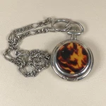 Vintage Fossil Tortoise Shell Cover Silver Chain Tone Quartz 36MM Pocket Watch. Fixed Price $34.95.