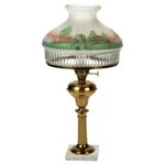 Brass Solar Style Lamp With Scenic Tam Shanter Glass Shade C1910. Fixed Price $600.00.