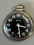 Works! Vintage Silver Tone Black Face Westclox Bulls Eye Pocket Watch. Fixed Price $35.00.