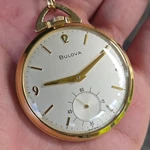 Vintage Bulova Buckingham "b"pocket Watch 12K Gf Chain CAL.16 Linen Dial 1965. Fixed Price $399.00.