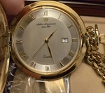 Jules Jurgensen Gold Plated Hunter Quartz Pocket Watch Chain Box. Fixed Price $200.00.