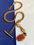 Antique Gold Plated Pocket Watch Fob Vest Chain 14" Jewelry Black & Red Stones. Fixed Price $159.95.