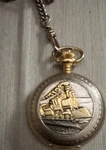Vtg Wrangler Pocket Train Scene Watch Quartz With Chain. Gold And Silver Tone. Fixed Price $50.00.
