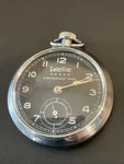 Works! Vintage Satellite Mechanical Wind Up Black Face Pocket Watch. Fixed Price $45.00.