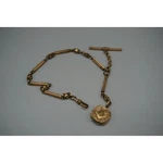 Antique Victorian Gold Tone Pocket Watch Chain With Etched Locket Fob T-bar 12IN. Fixed Price $224.99.