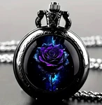 New 1.4" Purple Rose "vintage" Quartz Pocket Watch, Black Necklace Chain 1.4X.6. Fixed Price $28.28.