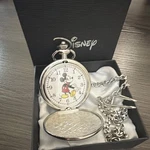 Disney Mickey Mouse Quartz Full Hunter Silver Pocket Watch With Chain & Box. Fixed Price $160.00.