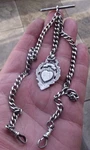 Antique Sterling Silver Double Albert Pocket Watch Chain & Fob, 36 Grams.. Fixed Price $147.76.