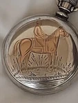 Antique 1886 Hampden Watch Co. Silver Railroad Rose Gold Inlay Working. Fixed Price $600.00.