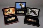 Vtg Pocket Knife Set Of 3 Eagle Native Design Faux Wood Box Keepsake Collectible. Fixed Price $22.99.