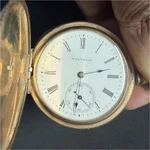 Waltham Gold Filled Full Hunter Pocket Watch White Roman Dial Seconds Hand. Fixed Price $575.00.