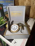 Armitron Full Hunter Quartz Pocket Watch Train Motif Chain Yellow Gold Box. Fixed Price $35.00.