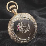 Elgin 14K Tri-color Gold Jeweled (diamond + Ruby) Hunter Case Pocket Watch. Fixed Price $2250.00.