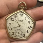Vintage Art Deco Swiss Gruen Veri Thin 17J Gold Filled Pentagon Pocket Watch. Fixed Price $399.99.