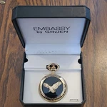 Gruen Embassy Pocket Watch Gold Tone Black Dial Eagle Design With Box. Fixed Price $67.50.
