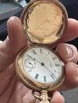 Waltham American Pocket Watch Full Hunter Gold Filled Roman Dial Seconds 1890S. Fixed Price $375.00.
