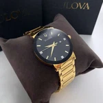 Men New Bulova Modern Futuro Black Dial & Gold Bracelet Quartz Watch 97D116 42MM. Fixed Price $147.00.