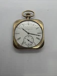 Elgin 15J 14K Yellow Gold Filled 25YR 12S Square Art Deco Pocket Watch Runs. Fixed Price $112.00.