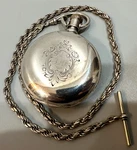Waltham S18 4OZ Coin Silver Hunter Case Pocket Watch, 1883, With Sterling Chain. Fixed Price $450.00.