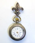 1890'S Swiss Pocket Watch 800 Silver Engraved W/ Fleur De Lis Sterling Brooch. Fixed Price $225.00.