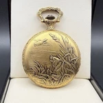 Vintage Majestime Swiss 17 Jewel Pocket Watch Gold Tone Case Fisherman Bird Dog. Fixed Price $154.69.