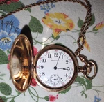 American Waltham Pocket Watch Yellow Gold Filled Hunter Case, King Chain & Slide. Fixed Price $450.00.