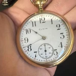 Elgin Gold Filled Yellow Open Face Pocket Watch White Arabic Dial Manual 7J. Fixed Price $102.50.
