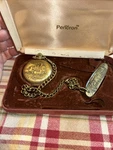 Pencron Swiss Made Gold-tone Pocket Watch & Knife Trains #8449. Fixed Price $75.00.